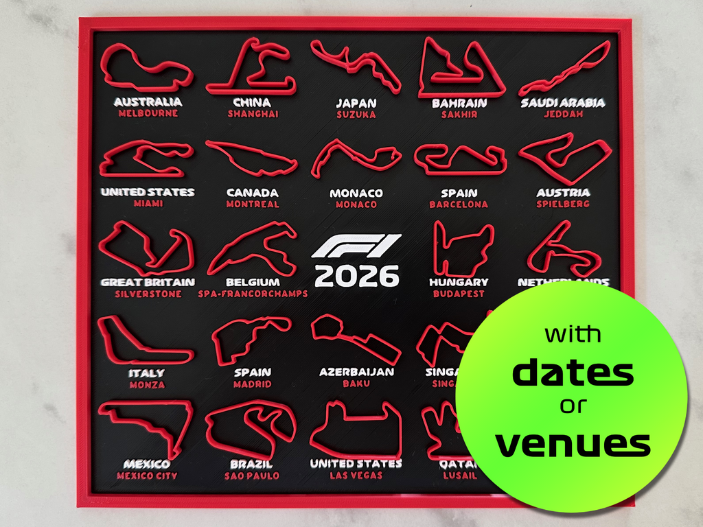 F1 2026 Race Calendar | 3D Track Map Wall Art & Desk Display